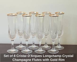 Set of Cristal DArques Longchamp Crystal Champagne Flutes with Gold Rim