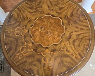 Round Walnut Marquetry Dining Table with Floral Medallion second image