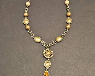 Art Nouveau Style Faux Pearl and Amber Teardrop Pendant Necklace