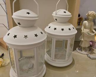 White Metal Star Cutout Lanterns with Glass Panels Set of