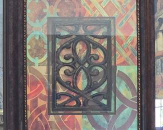 Abstract Geometric Framed Wall Art with Faux Wrought Iron Overlay