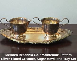 Meriden Britannia Co. Maintenon Pattern SilverPlated Creamer, Sugar Bowl, and Tray Set