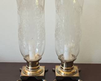 Pair of Etched Glass Hurricane Lamps with Brass Bases