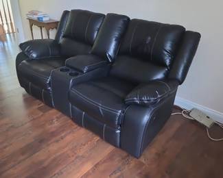 Black Faux Leather Reclining Loveseat with Center Console and Cup Holders fourth image