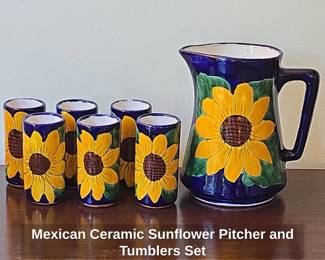 Mexican Ceramic Sunflower Pitcher and Tumblers Set