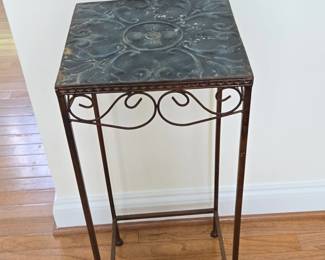 Ornate Metal Plant Stand with Embossed Floral Medallion