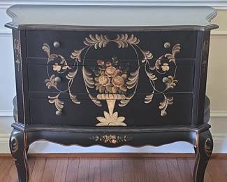 Black Chinoiserie Bombe Chest of Drawers with Floral Urn Motif