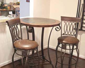 Wrought Iron and Faux Marble Pub Table Set with Swivel Stools