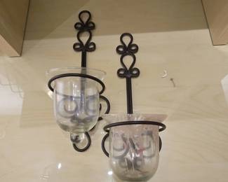 Ornate Scroll Metal and Glass Candle Sconce Set
