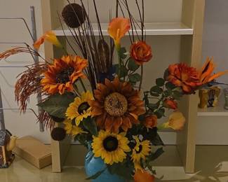 Artificial Floral Arrangement with Sunflowers, Roses, and Calla Lilies in Blue Ceramic Vase