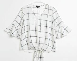 ALYX Womens White Grid Pattern TieFront Bell Sleeve Blouse
