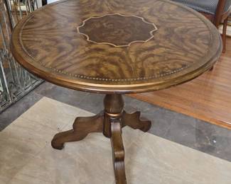 Round Walnut Marquetry Dining Table with Floral Medallion