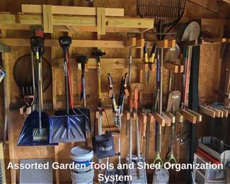 Assorted Garden Tools and Shed Organization System