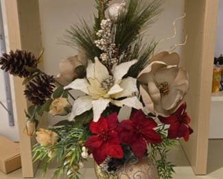 Artificial Christmas Floral Arrangement with Poinsettias, Magnolias, and Ornaments