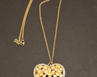 GoldTone Heart Pendant Necklace with Peach Marquise and Crystal Accents