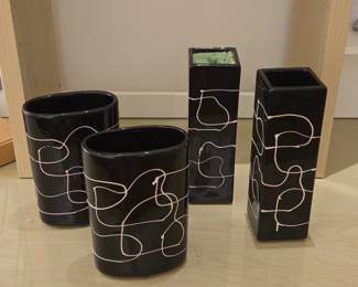 Set of Black Ceramic Vases with Abstract White Line Design