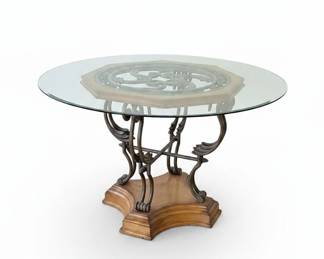 Glass Top Dining Table with Four Ornate Metal Chairs
