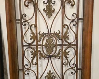 Ornate Scrollwork Metal Panel with Wooden Frame