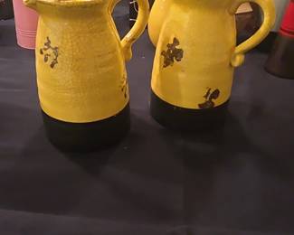 Yellow Crackle Glaze Pitchers with Black Base