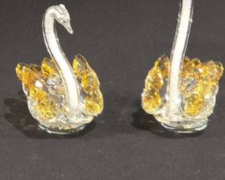 Crystal Swan Figurines with Amber Accents