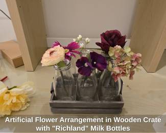 Artificial Flower Arrangement in Wooden Crate with Richland Milk Bottles