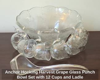 Anchor Hocking Harvest Grape Glass Punch Bowl Set with Cups and Ladle