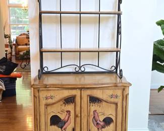 French Country Rooster HandPainted Cabinet with Wrought Iron Bakers Rack