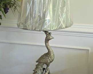 Silver Peacock Table Lamp with Teal Accents