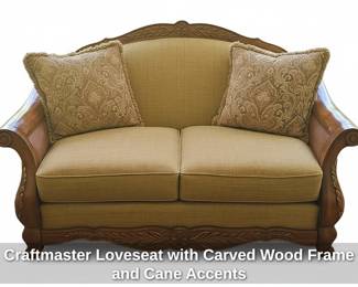 Craftmaster Loveseat with Carved Wood Frame and Cane Accents