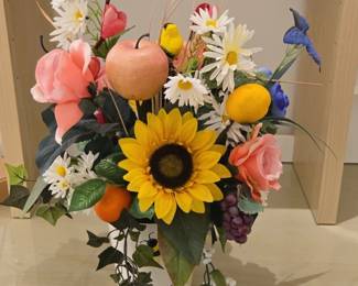 Artificial Floral Arrangement with Fruit and Bird Accents