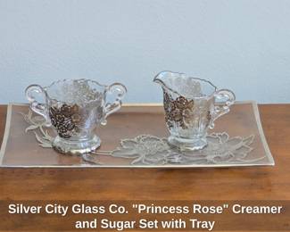 Silver City Glass Co. Princess Rose Creamer and Sugar Set with Tray