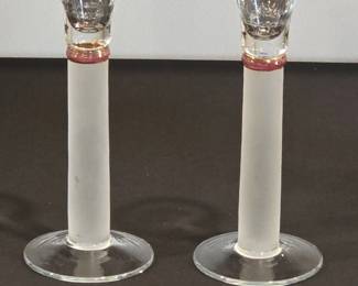 Frosted Glass Candlesticks with Pink Band by BLOCK
