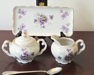 Japanese Porcelain Sugar Bowl, Creamer, and Tray Set with Violet Pattern