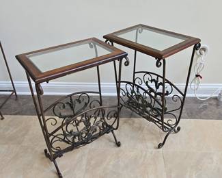 Pair of Ornate Wrought Iron Magazine Racks with Glass Tops