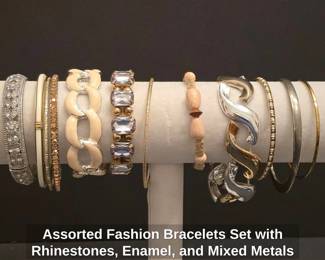 Assorted Fashion Bracelets Set with Rhinestones, Enamel, and Mixed Metals