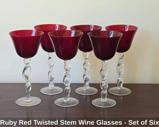 Ruby Red Twisted Stem Wine Glasses Set of Six