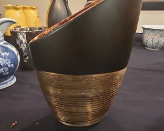 MidCentury Modern Ceramic Vase with Metallic Gold Band