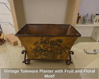 Vintage Toleware Planter with Fruit and Floral Motif