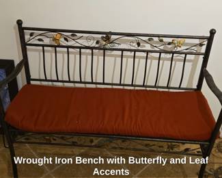 Wrought Iron Bench with Butterfly and Leaf Accents