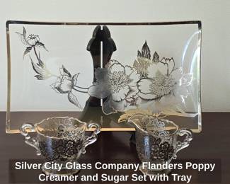 Silver City Glass Company Flanders Poppy Creamer and Sugar Set with Tray