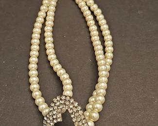 Double Strand Faux Pearl Necklace with Crystal Heart Pendant