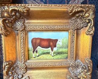 Set of Three Miniature Paintings Seascape, Landscape, and Farm Animal in Ornate Gilt Frames fourth image