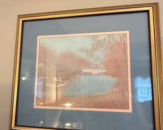 Framed Landscape Print with Boat and Bridge