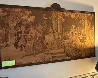 Wood Framed Tapestry Depicting Rococo Scene circa