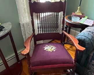 Antique Victorian Mahogany Rocking Chair with Needlepoint Seat