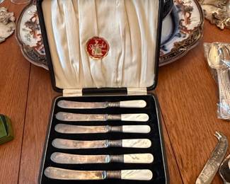 Sheffield Stainless Steel Fruit Knives with Mother of Pearl Handles Set of