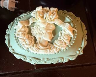 Cameo Style Hinged Trinket Box Mint Green with Woman and Roses second image