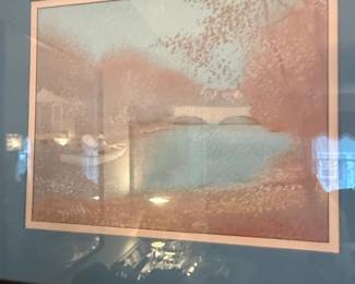 Framed Landscape Print with Boat and Bridge second image
