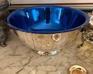 Silver Plated Footed Bowl with Blue Enamel Interior