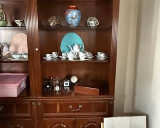 Vintage Mahogany China Cabinet with Glass Doors and Tea Set